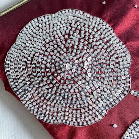 Vintage Red Silk Floral Motif  Beaded Unique Top Handle Bag - Picture 8 of 10